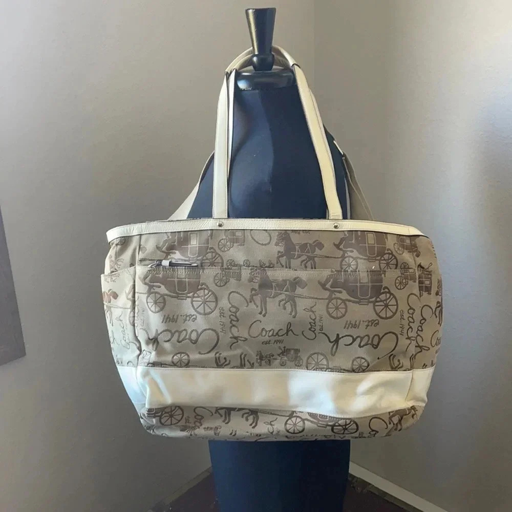 Coach Horse and Carriage Signature Diaper Tote Bag Khaki White F15617
